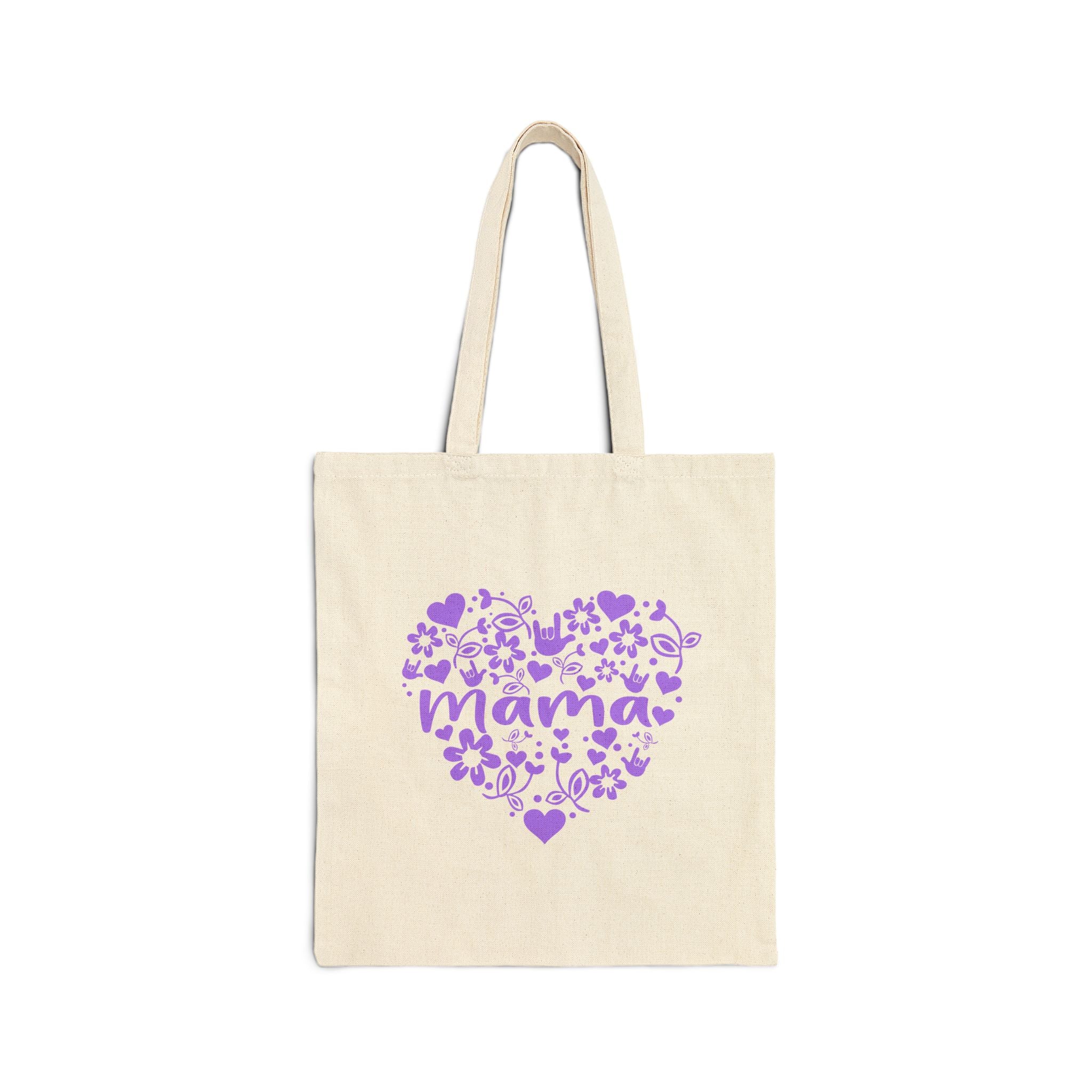 Mama I Love You ASL Heart Cotton Canvas Tote Bag (Purple)
