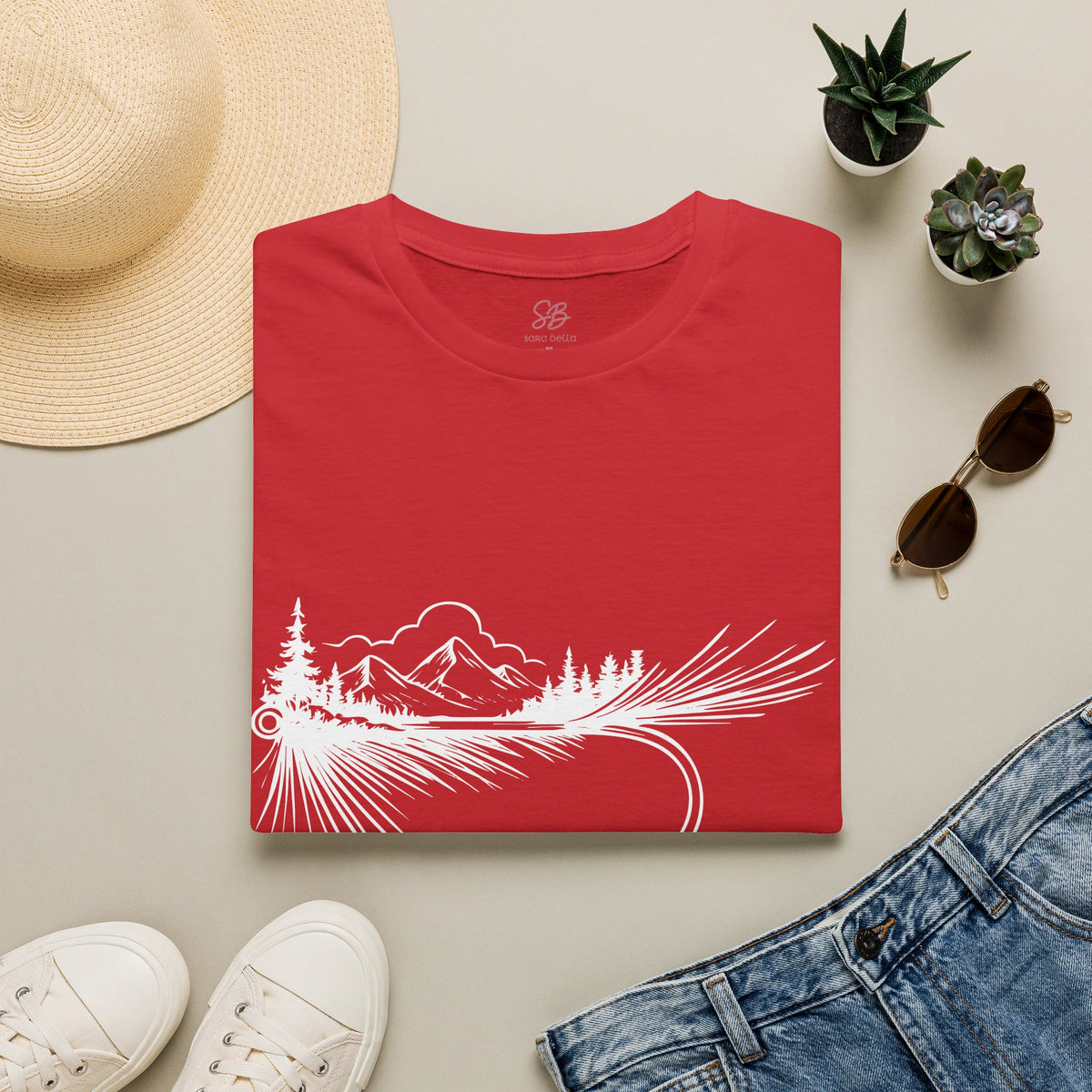 Fly Fishing Hook with Mountain View  T-Shirt