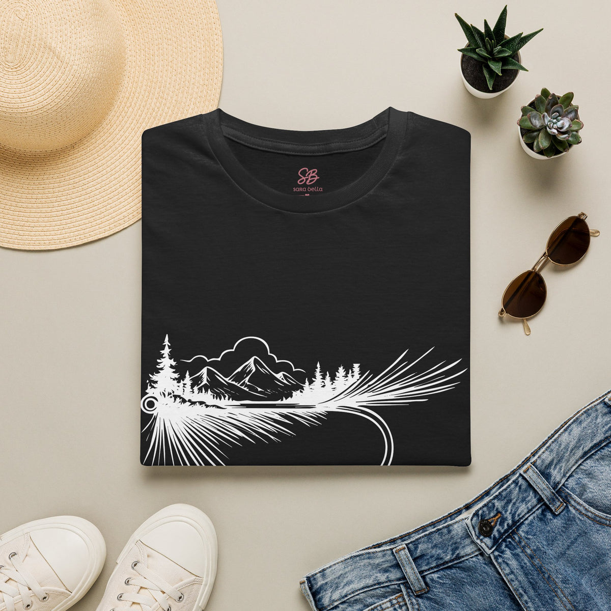 Fly Fishing Hook with Mountain View  T-Shirt