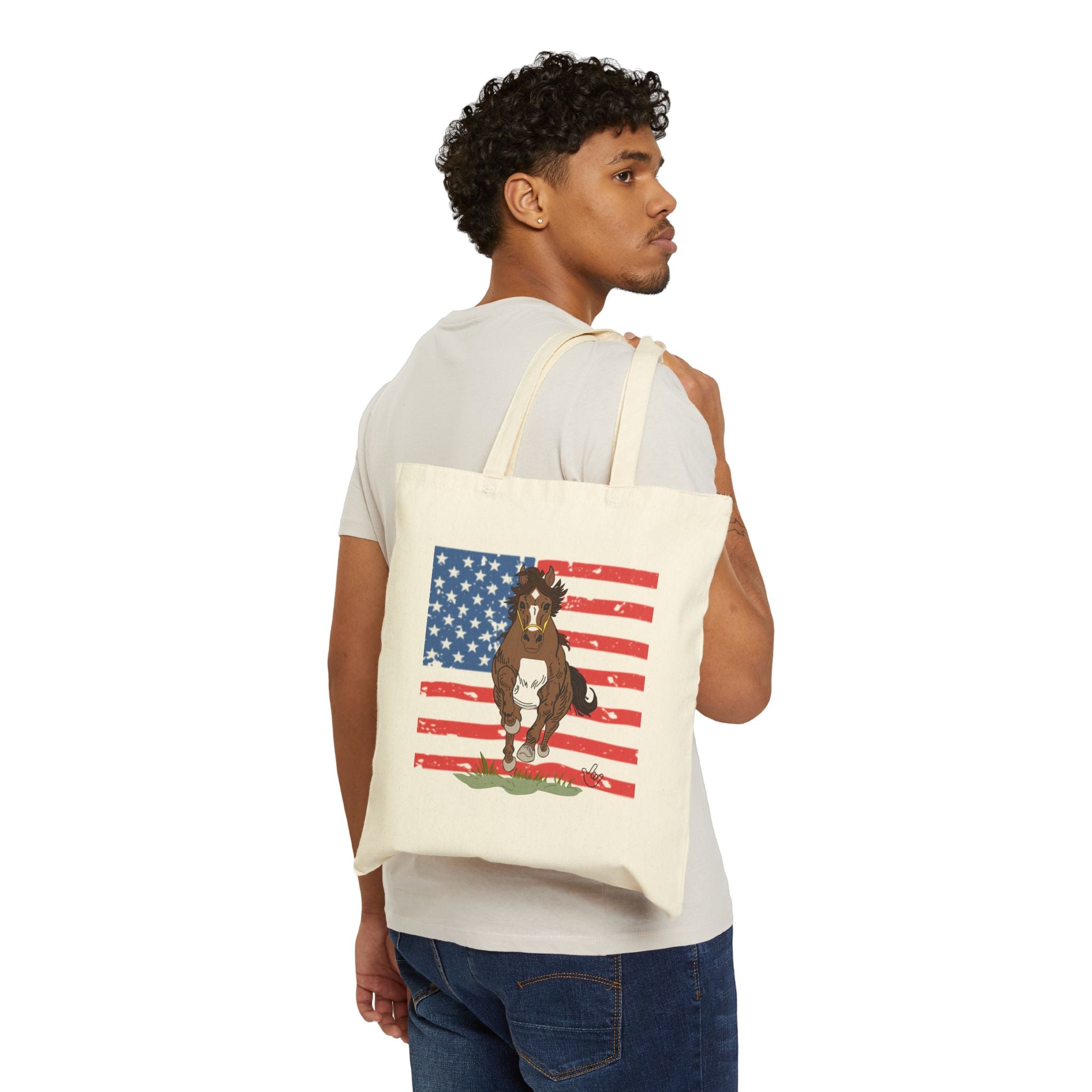 GallopingHorse with America Flag Canvas Tote Bag