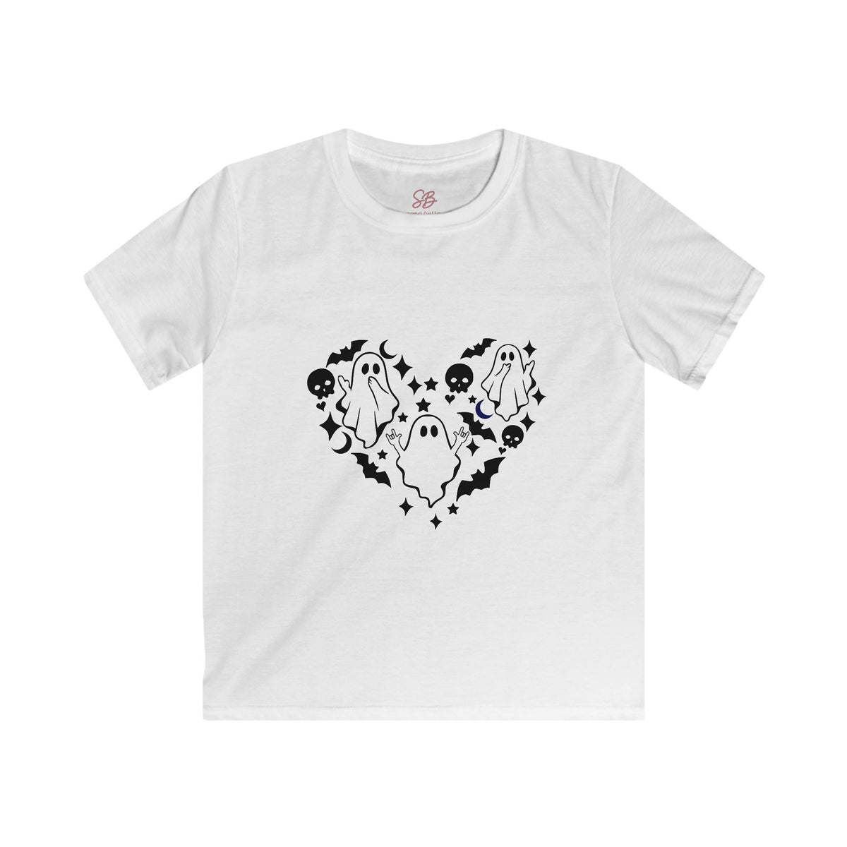 Ghost with "I love you" in ASL  floating of Hearts, Skulls & Bats - Kid T-Shirt