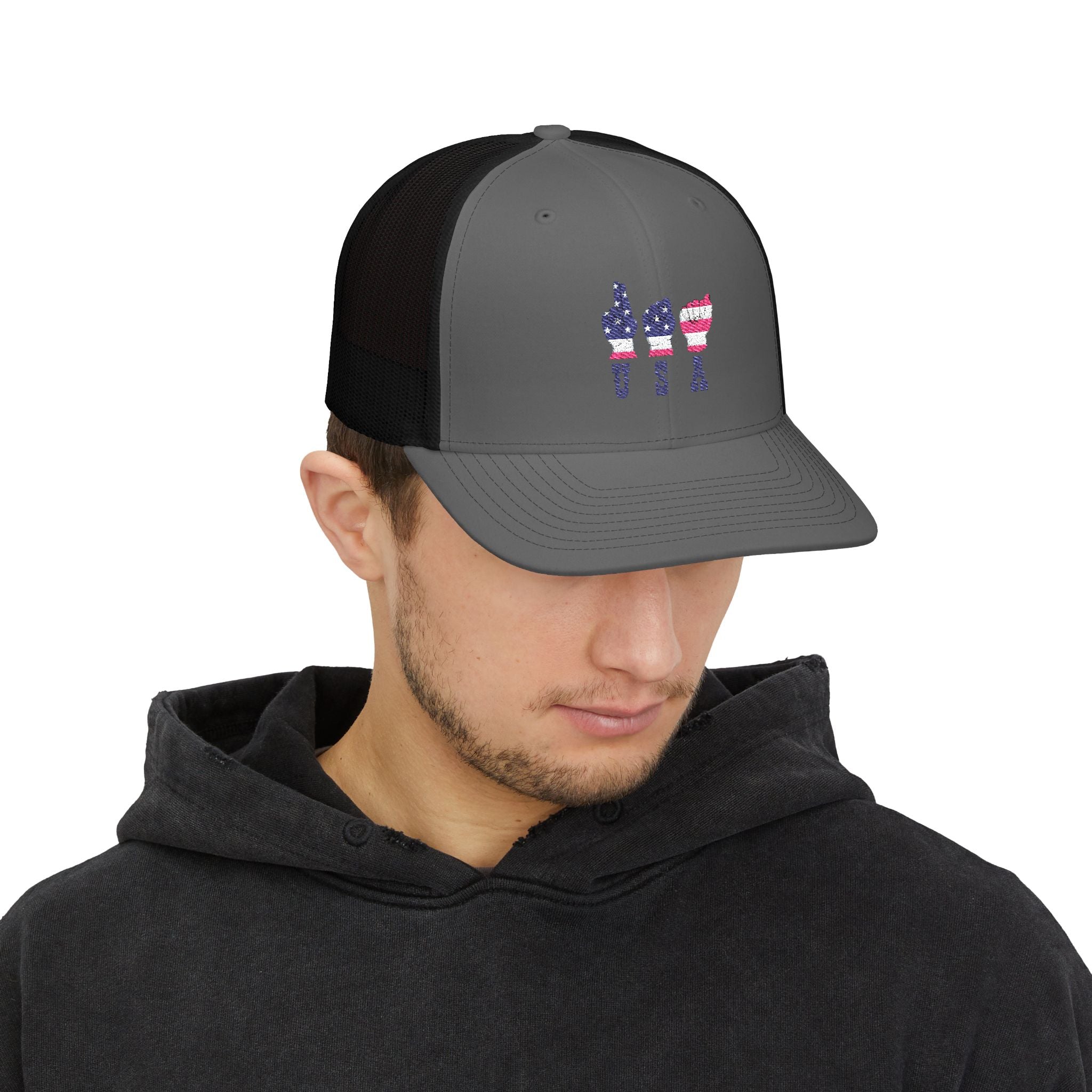 USA fingers-spelled ASL (America Sign Language) Embroidery on Trucker Cap  Snapback
