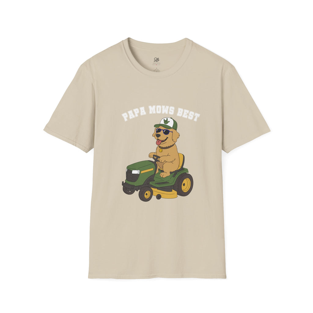 "Papa Mows Best" Golden Retriever Riding Lawn Mower T-shirt
