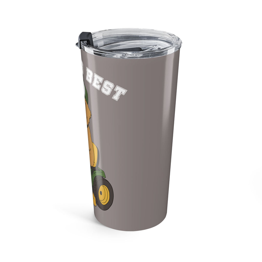 "Dad Mows Best" with Golden Retriever on Lawn Mower 20oz Travel Tumbler