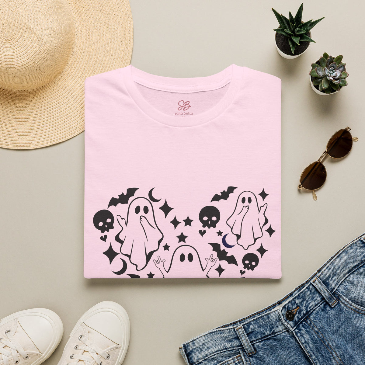 Ghosts with "I love you" in ASL floating of  Hearts, Skull, Bats -  T-Shirt