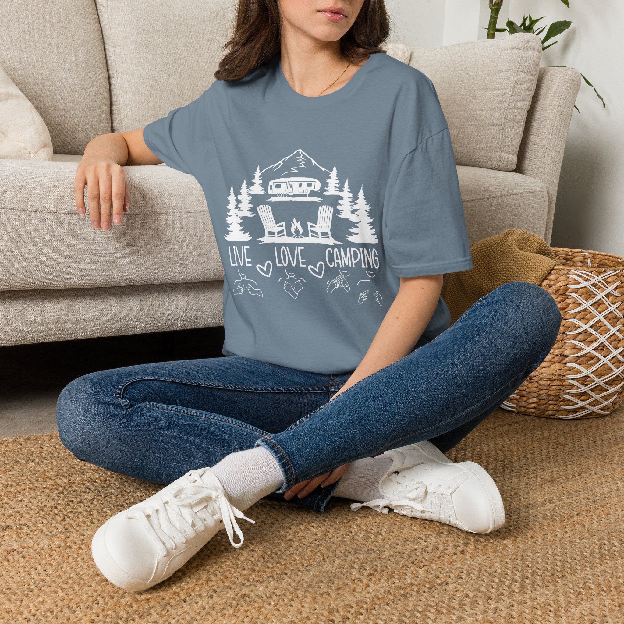 Live, Love, Camping in ASL (white ink) - T-Shirt