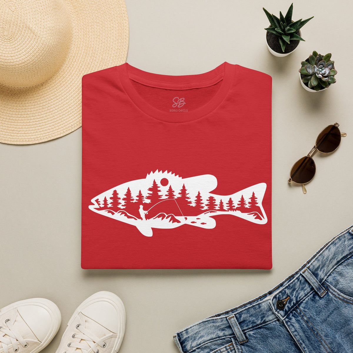 Bass Fisherman Landscape Fishing - T-Shirt