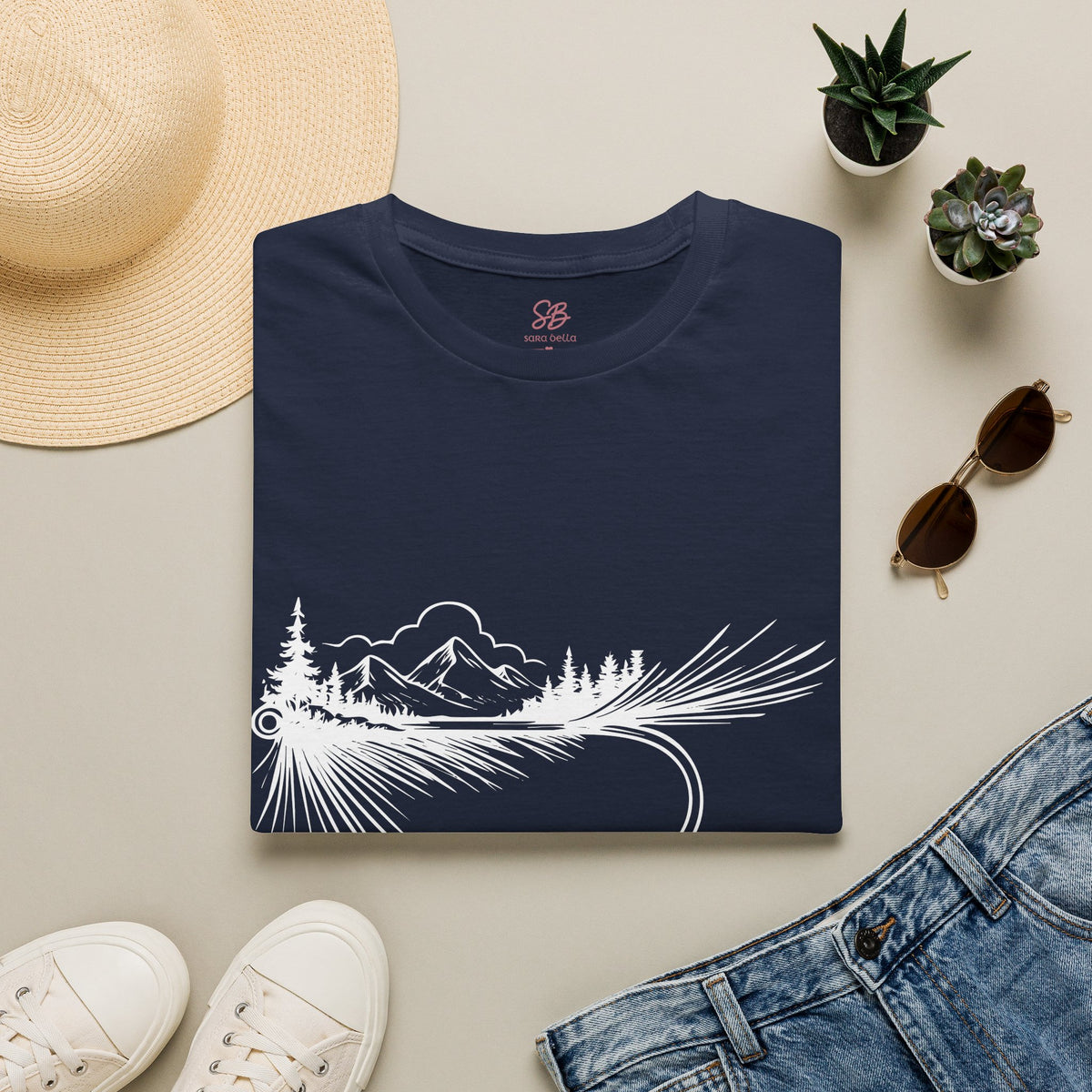 Fly Fishing Hook with Mountain View  T-Shirt