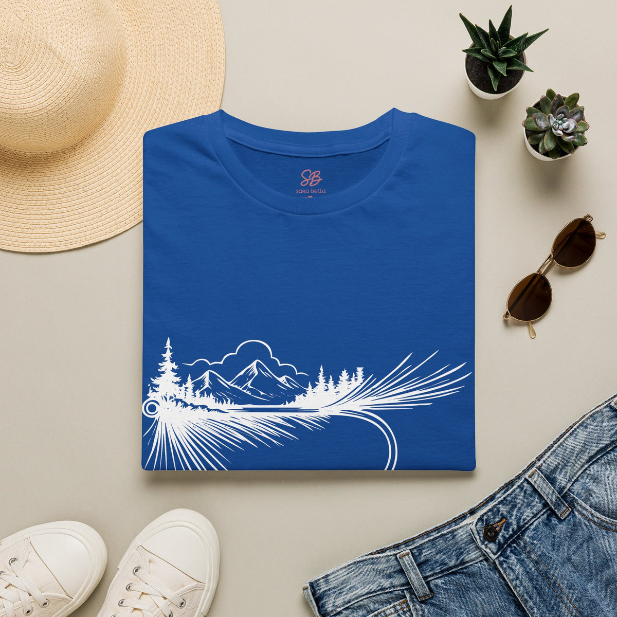 Fly Fishing Hook with Mountain View  T-Shirt