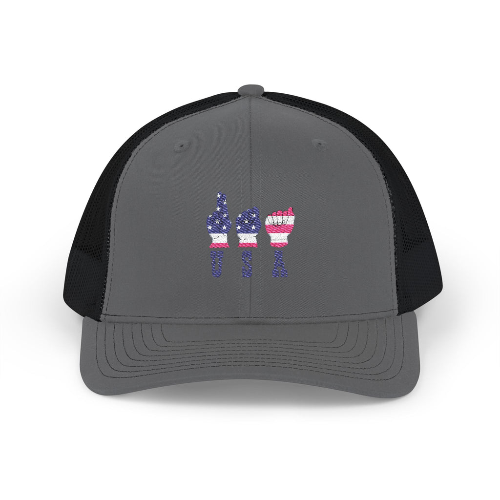 USA fingers-spelled ASL (America Sign Language) Embroidery on Trucker Cap  Snapback