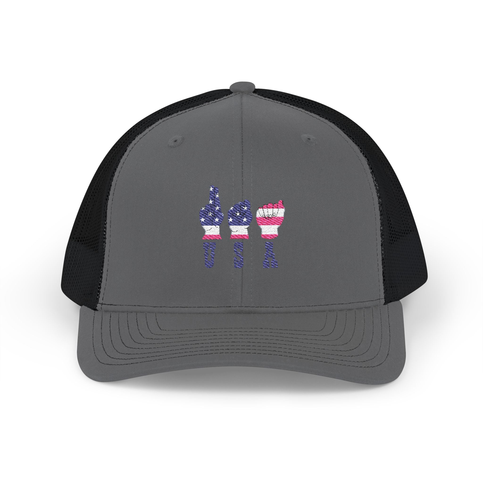 USA fingers-spelled ASL (America Sign Language) Embroidery on Trucker Cap  Snapback
