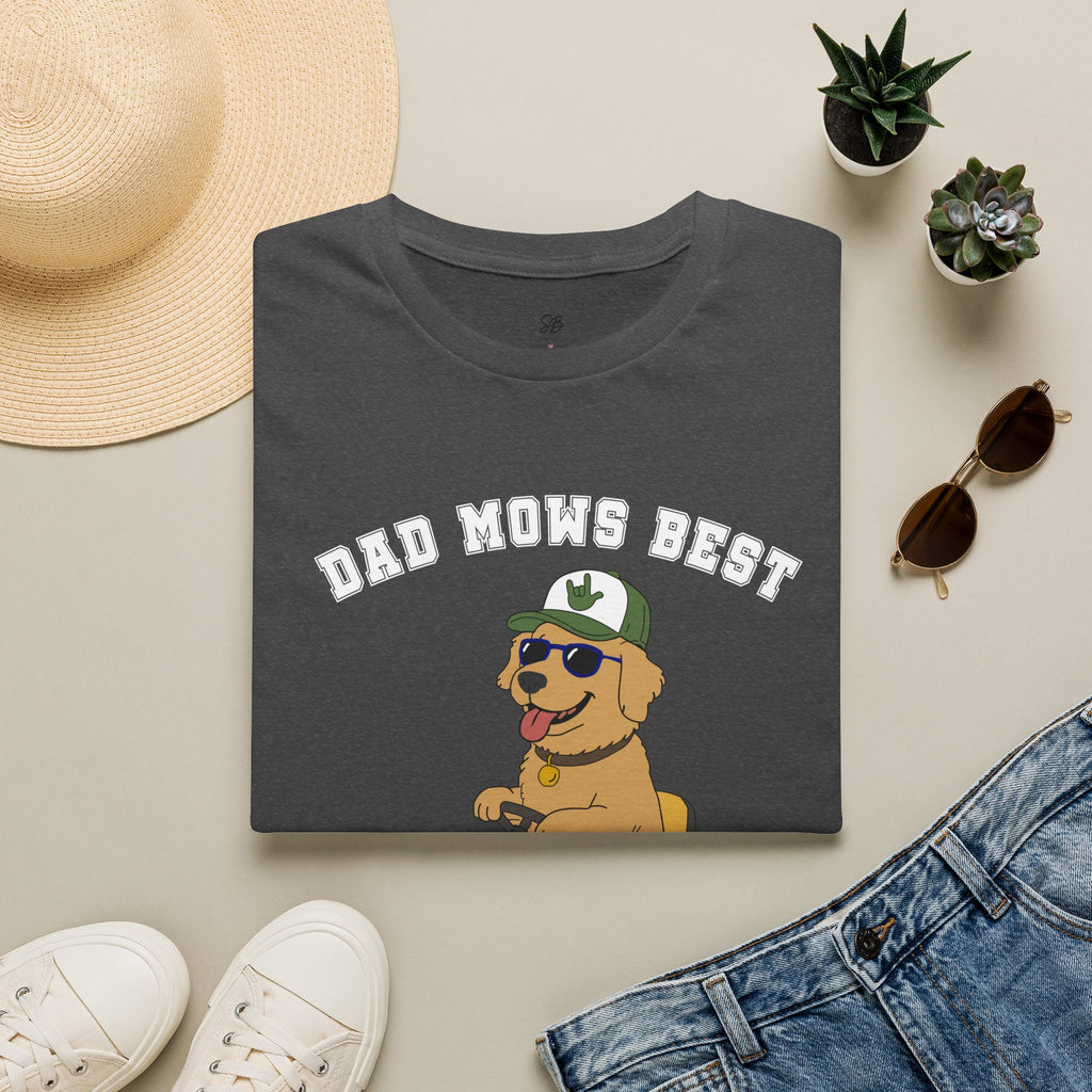 Dad mows best with Golden Retriever Riding Lawn Mower T‑Shirt