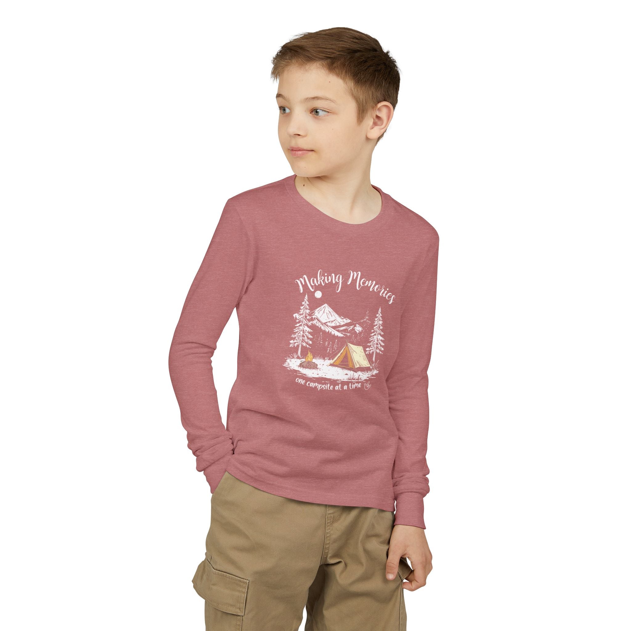 Youth Camping Long Sleeve Tee — "Making Memories" Mountain Campfire Design
