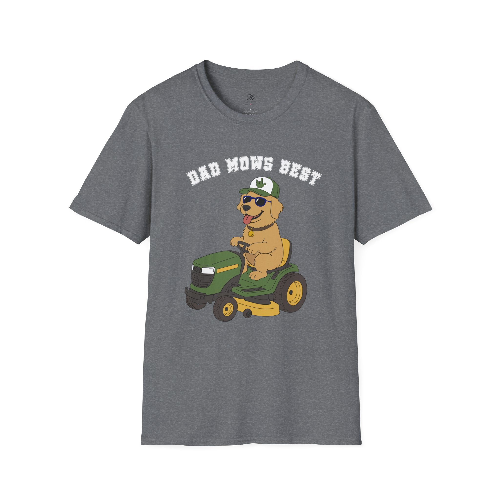 Dad mows best with Golden Retriever Riding Lawn Mower T‑Shirt