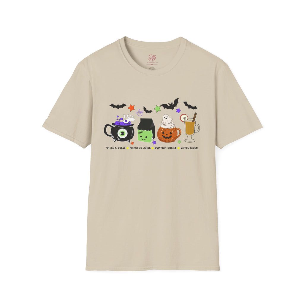 Kids Halloween Drinks Crew of  Witch’s Brew, Monster Juice, Pumpkin Cocoa & Apple Cider - T-Shirt