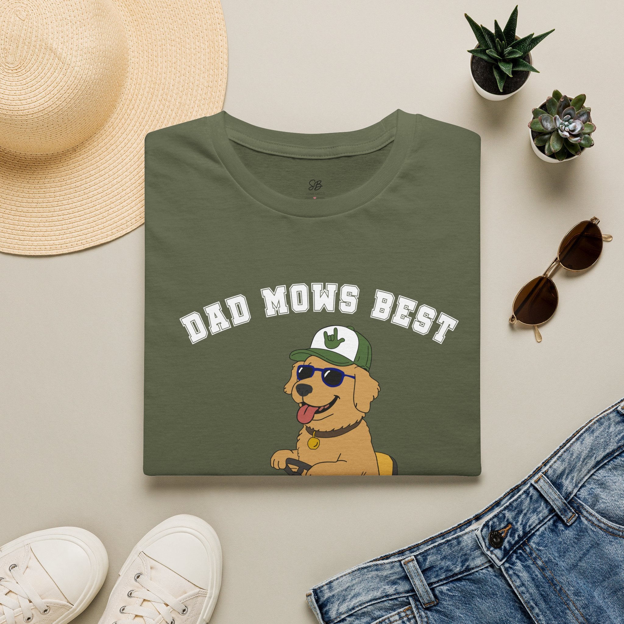 Dad mows best with Golden Retriever Riding Lawn Mower T‑Shirt
