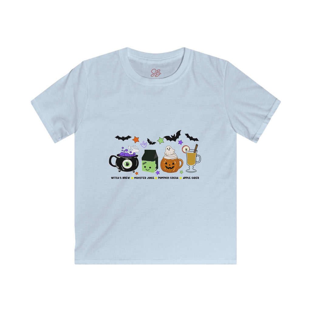 Kids Halloween Drinks Crew of Witch's Brew, Monster Juice, Pumpkin Cocoa, & Apple Cider - Kid T-Shirt