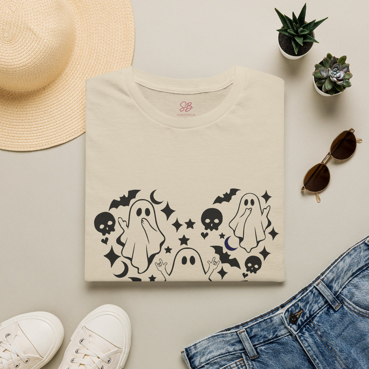 Ghosts with "I love you" in ASL floating of  Hearts, Skull, Bats -  T-Shirt