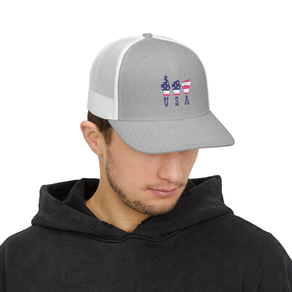 USA fingers-spelled ASL (America Sign Language) Embroidery on Trucker Cap  Snapback