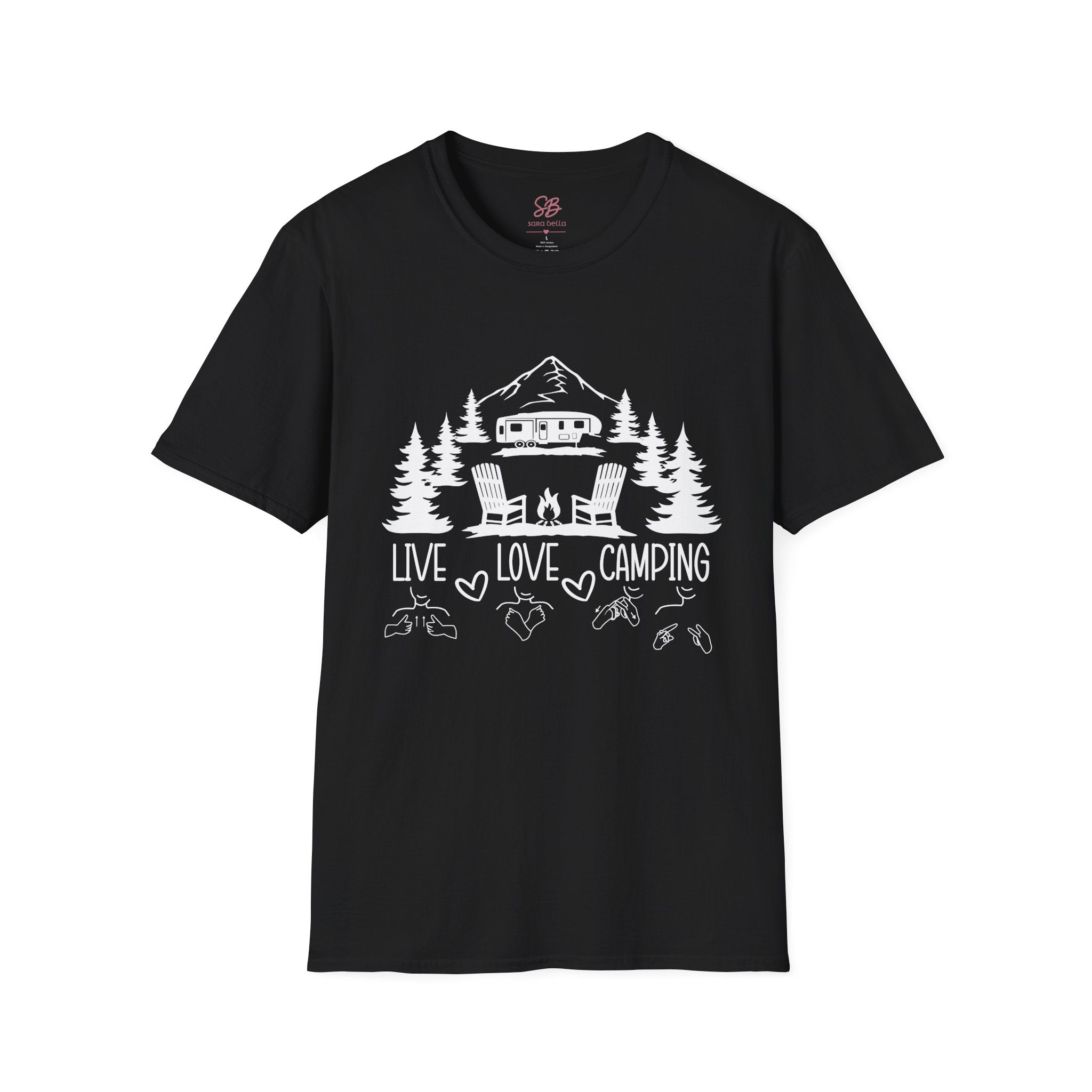 Live, Love, Camping in ASL (white ink) - T-Shirt