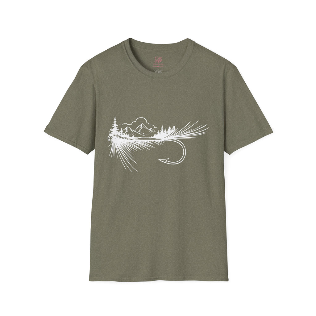 Fly Fishing Hook with Mountain View  T-Shirt