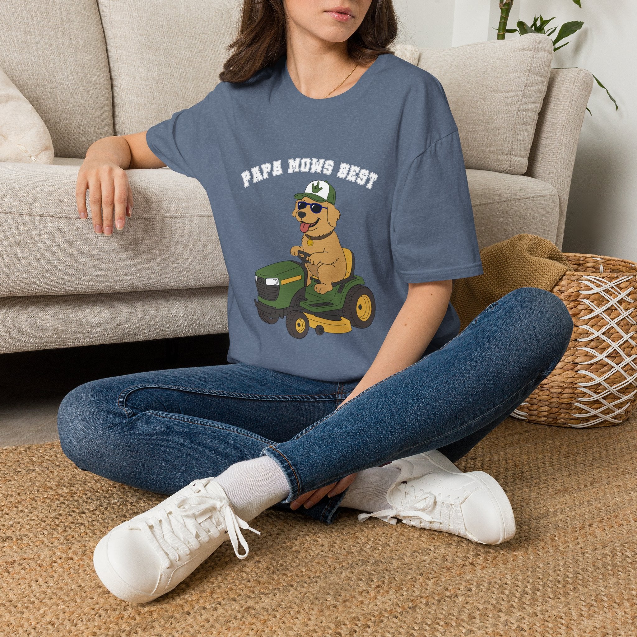 "Papa Mows Best" Golden Retriever Riding Lawn Mower T-shirt