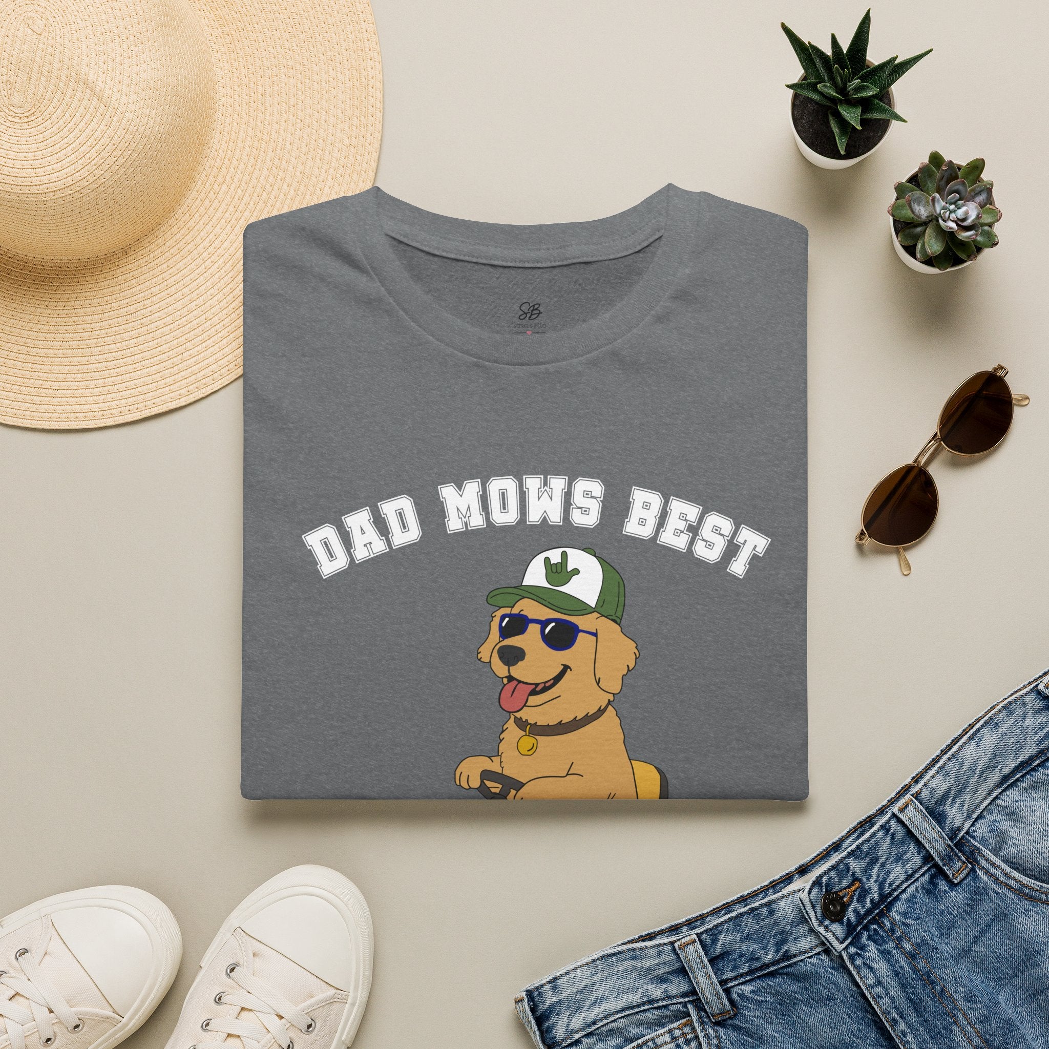 Dad mows best with Golden Retriever Riding Lawn Mower T‑Shirt