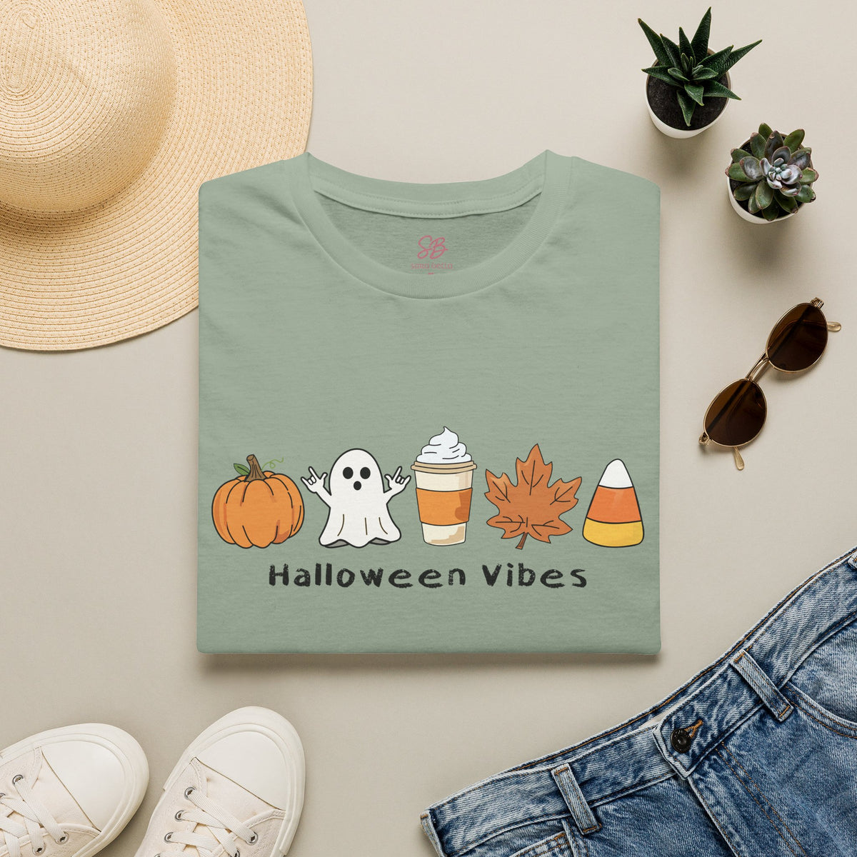 Halloween Vibes with Ghost saying "I love you" in ASL - T-Shirt