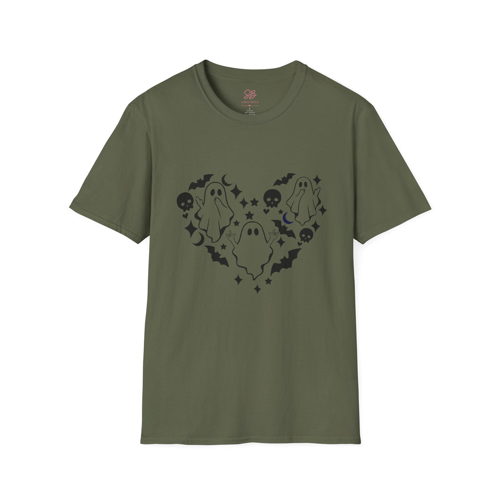 Ghosts with "I love you" in ASL floating of  Hearts, Skull, Bats -  T-Shirt