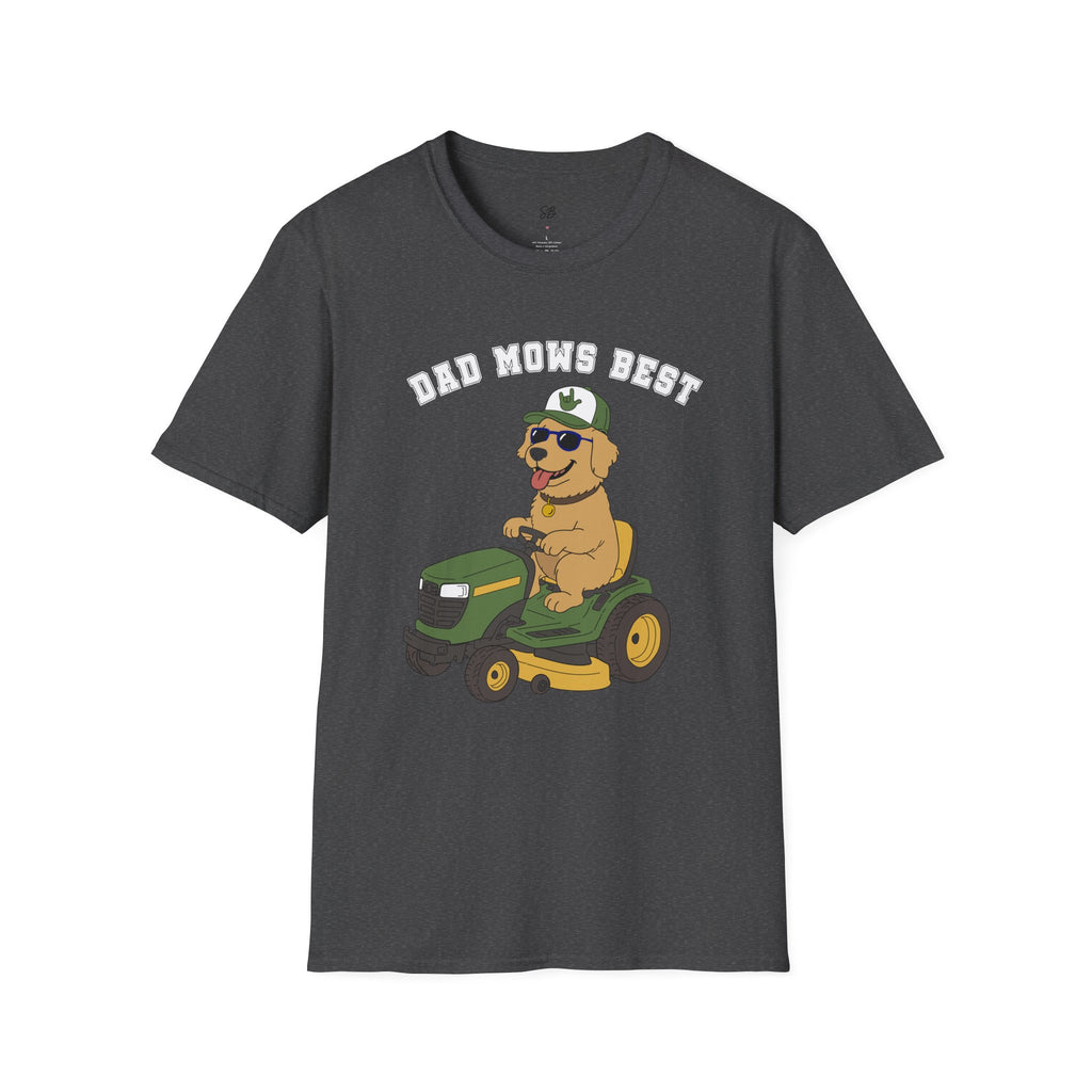 Dad mows best with Golden Retriever Riding Lawn Mower T‑Shirt