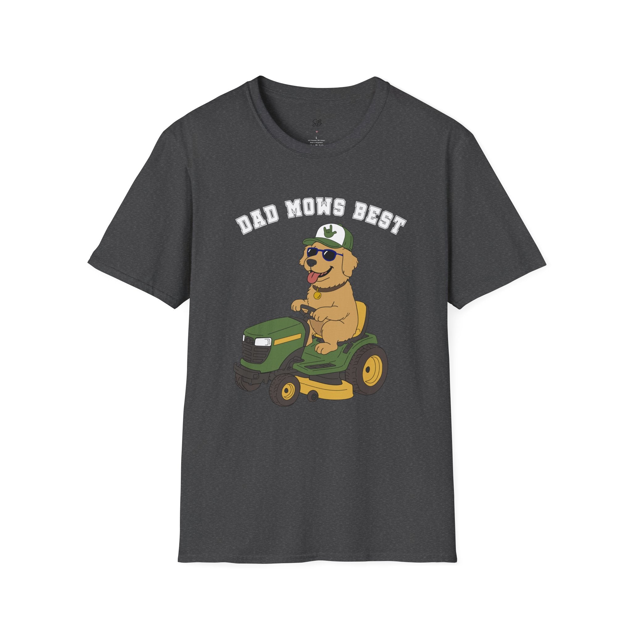 Dad mows best with Golden Retriever Riding Lawn Mower T‑Shirt