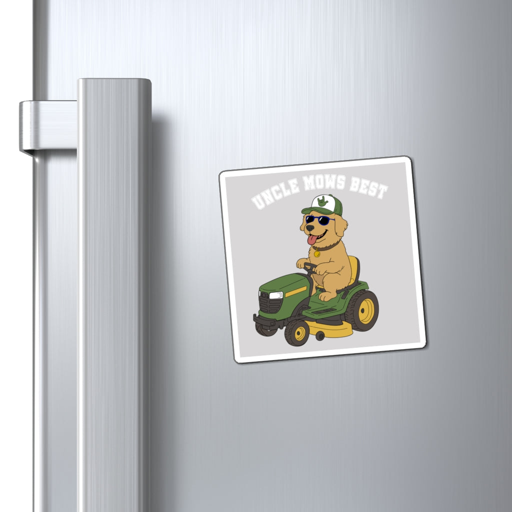 Uncle Mows Best with Golden Retriever on Lawn Mower Fridge Magnet