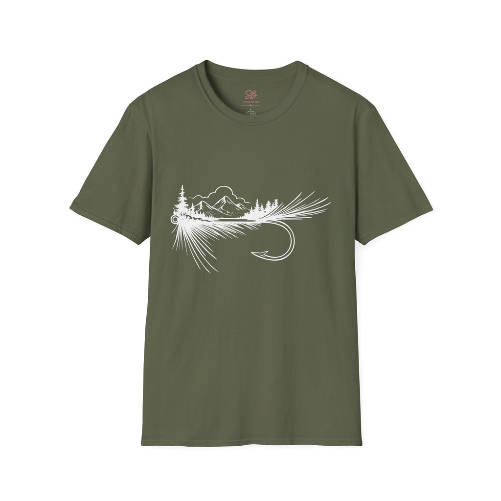 Fly Fishing Hook with Mountain View  T-Shirt