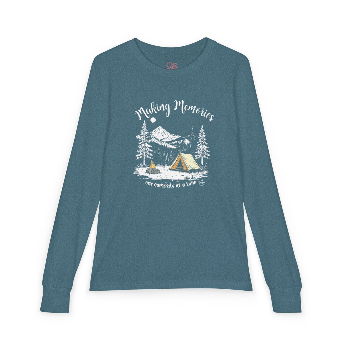 Youth Camping Long Sleeve Tee — "Making Memories" Mountain Campfire Design