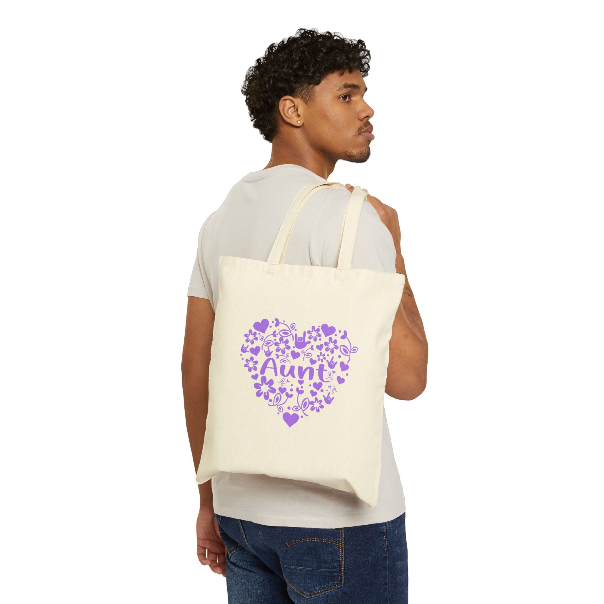 Aunt Heart Floral with purple design - Cotton Canvas Tote Bag