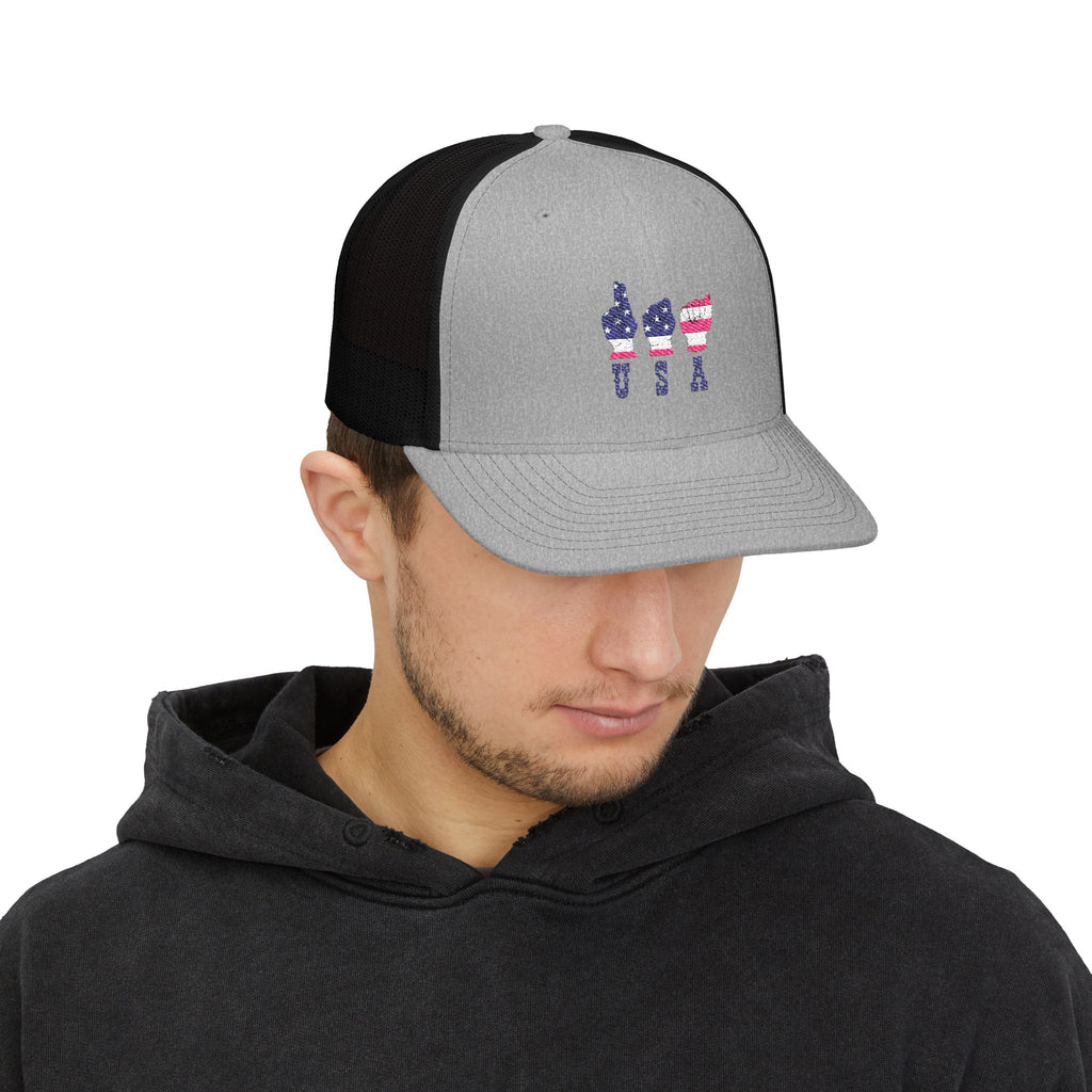 USA fingers-spelled ASL (America Sign Language) Embroidery on Trucker Cap  Snapback
