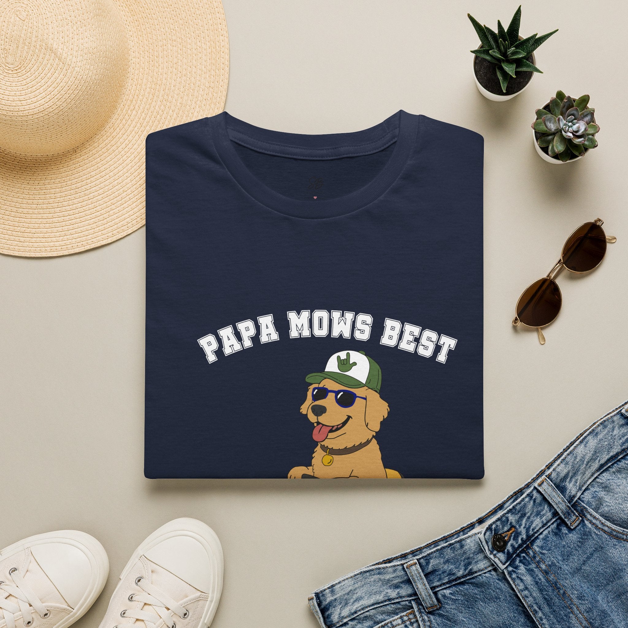 "Papa Mows Best" Golden Retriever Riding Lawn Mower T-shirt