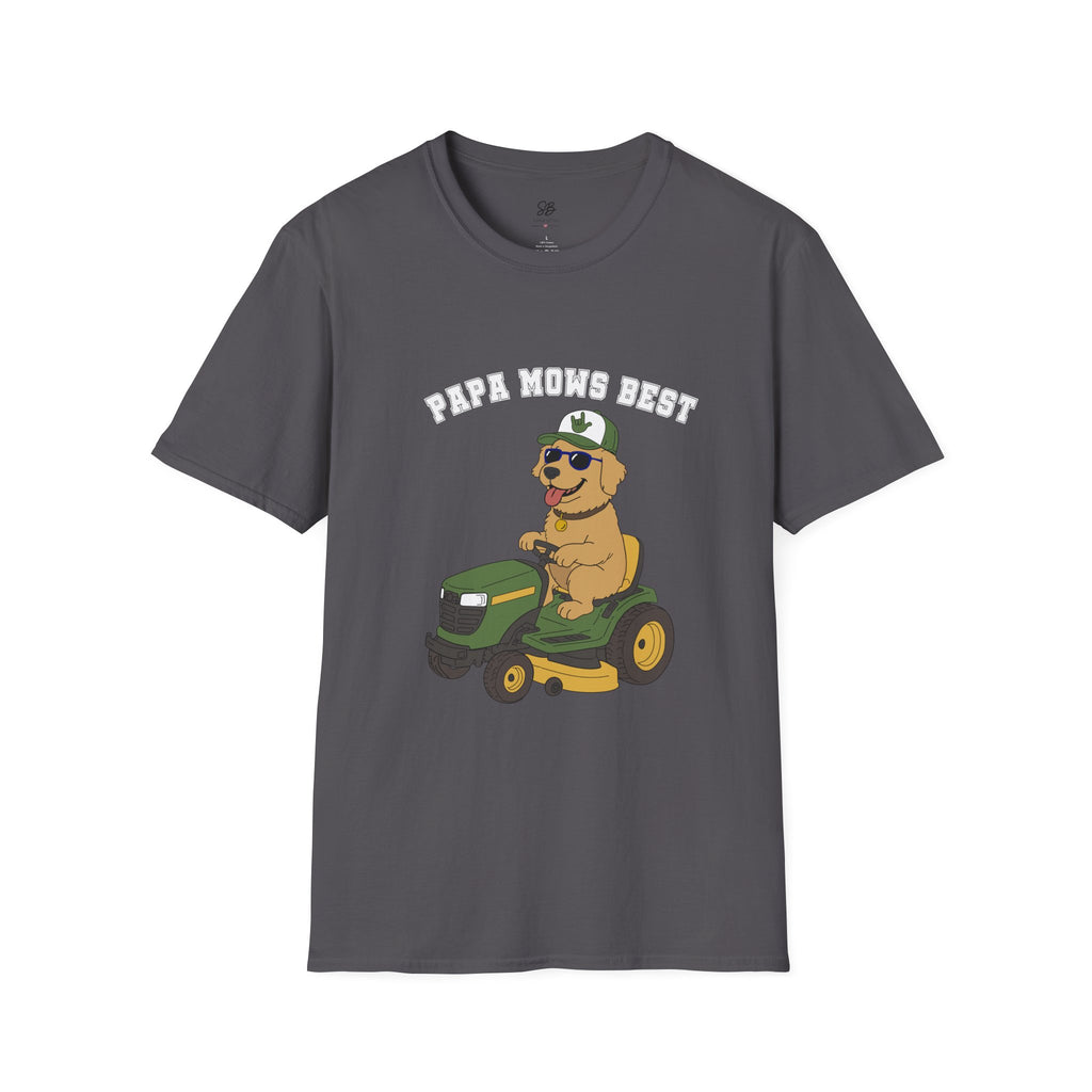 "Papa Mows Best" Golden Retriever Riding Lawn Mower T-shirt