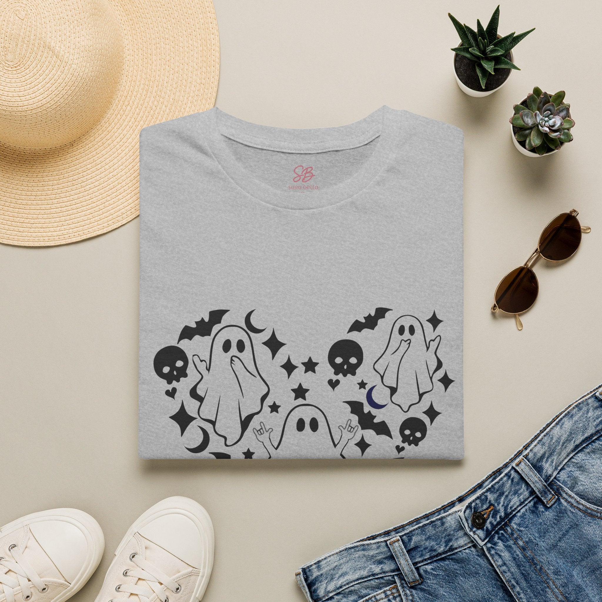 Ghosts with "I love you" in ASL floating of  Hearts, Skull, Bats -  T-Shirt