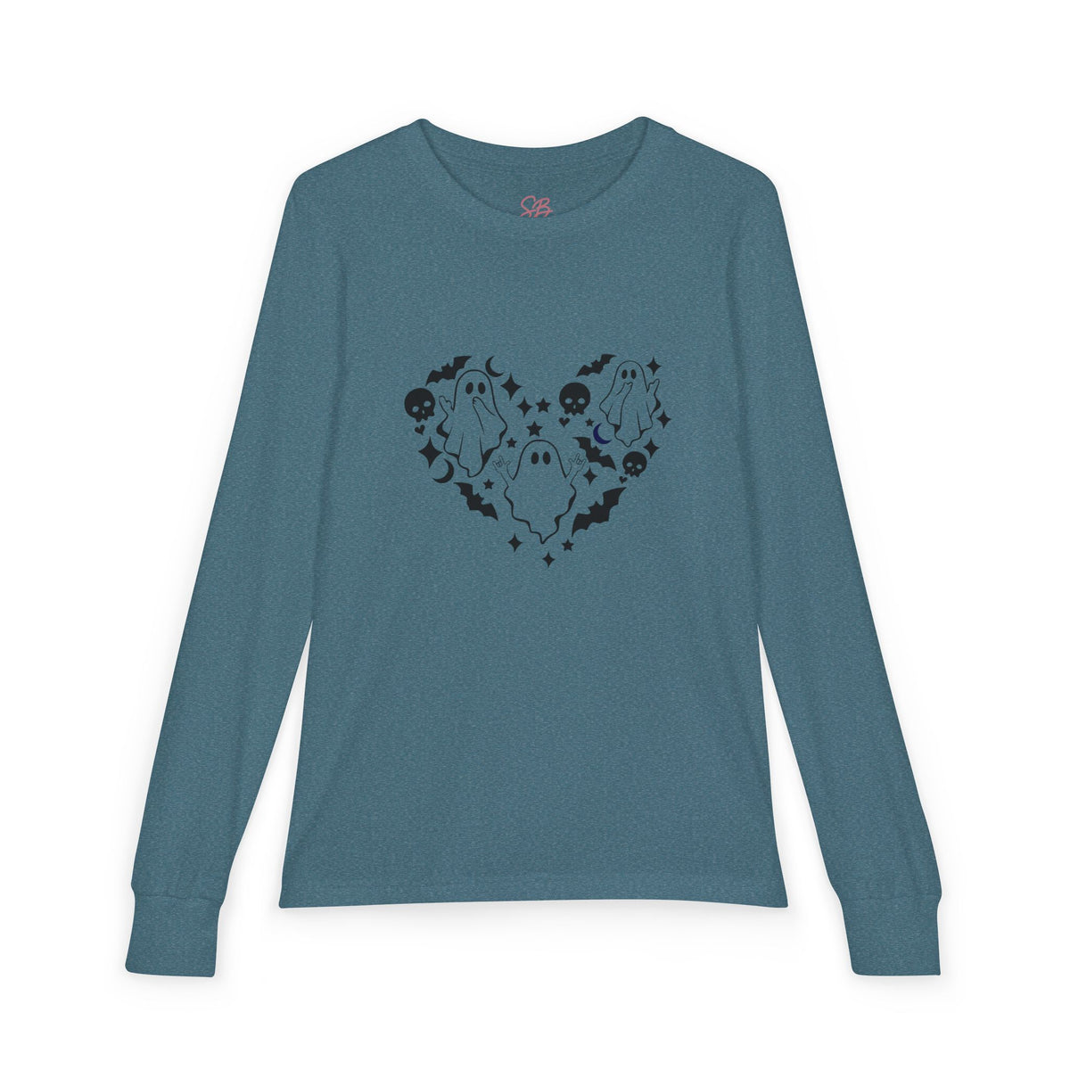 Ghosts with "I love you" in ASL  floating of hearts, skulls, bats - Kid Long Sleeve  Shirt