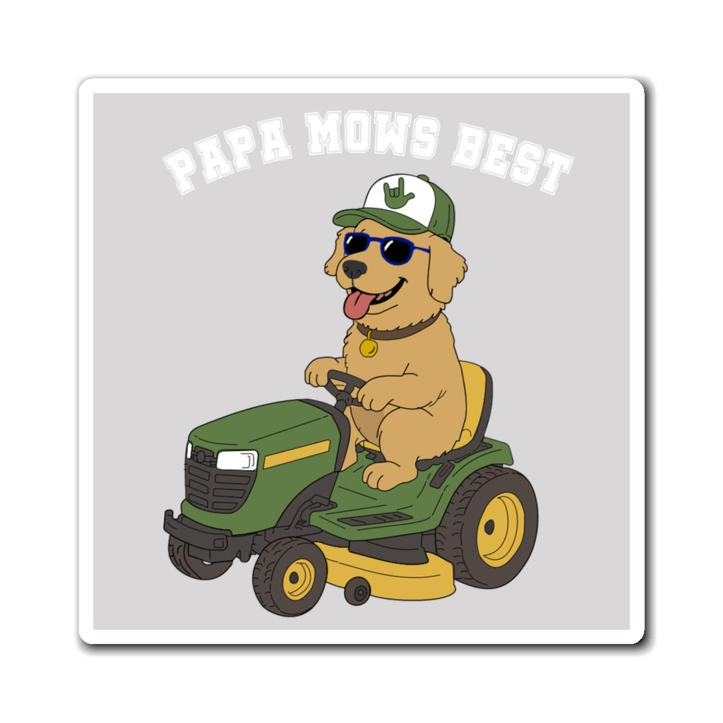 Papa Mows Best Magnet - Golden Retriever Lawn Mower Fridge Sticker
